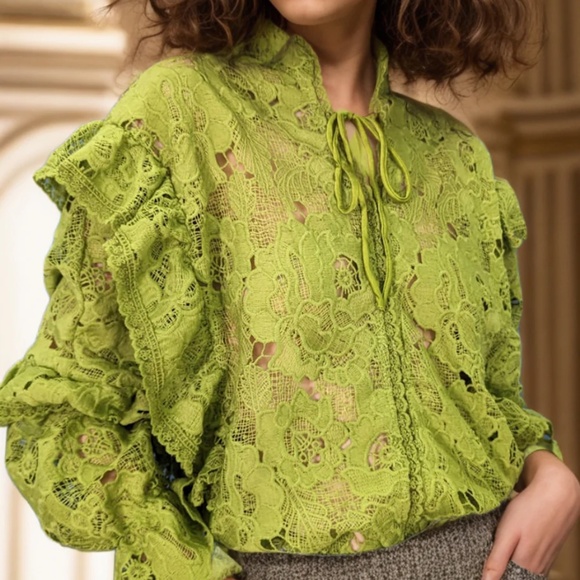 A 346 Nancy Lime Green Glam Romance Lace Blouse Statement Ruffle Sleeve NWT L - Picture 2 of 5
